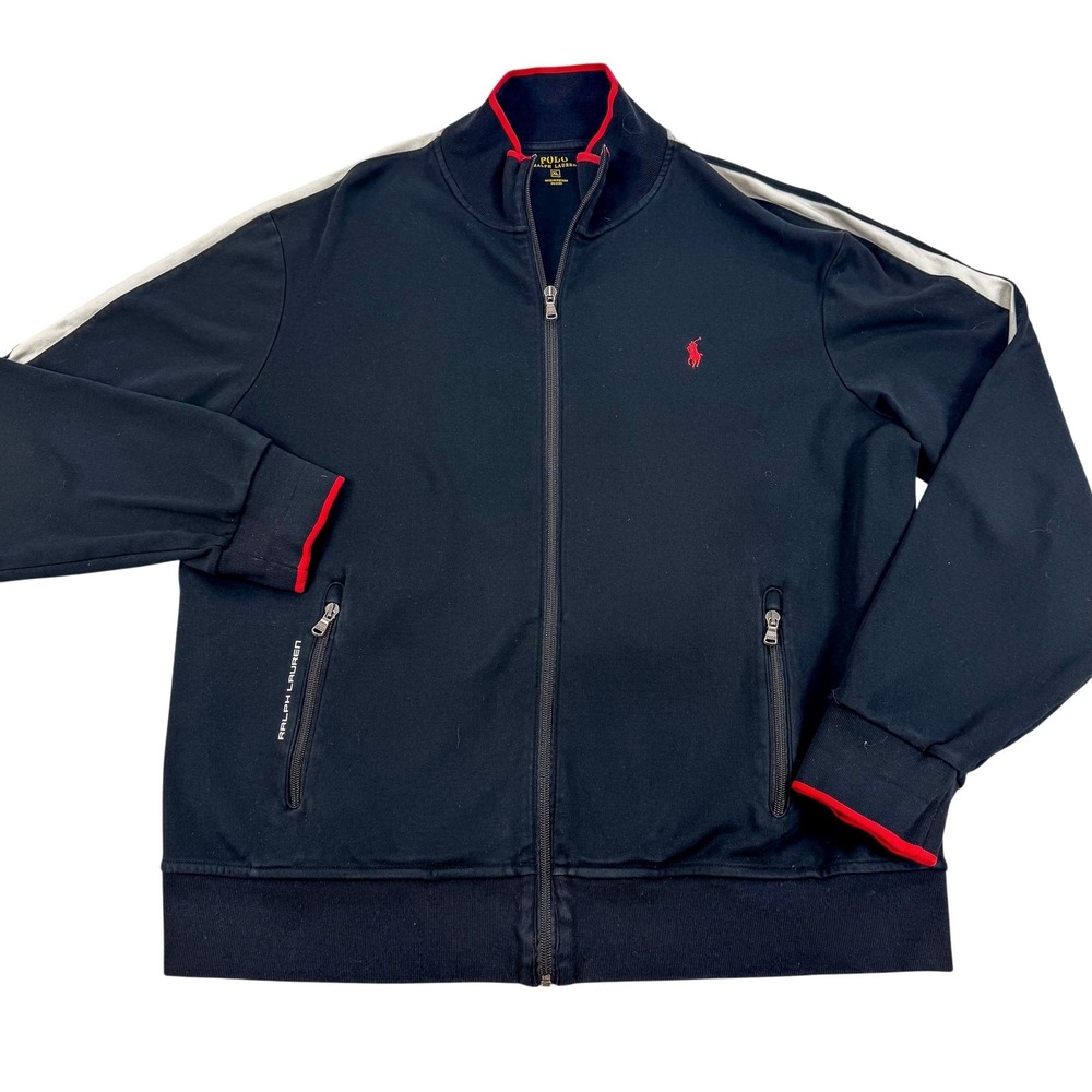 Polo Ralph Lauren Track Jacket Mens XL Black Full Zip Stripe Cotton Athletic